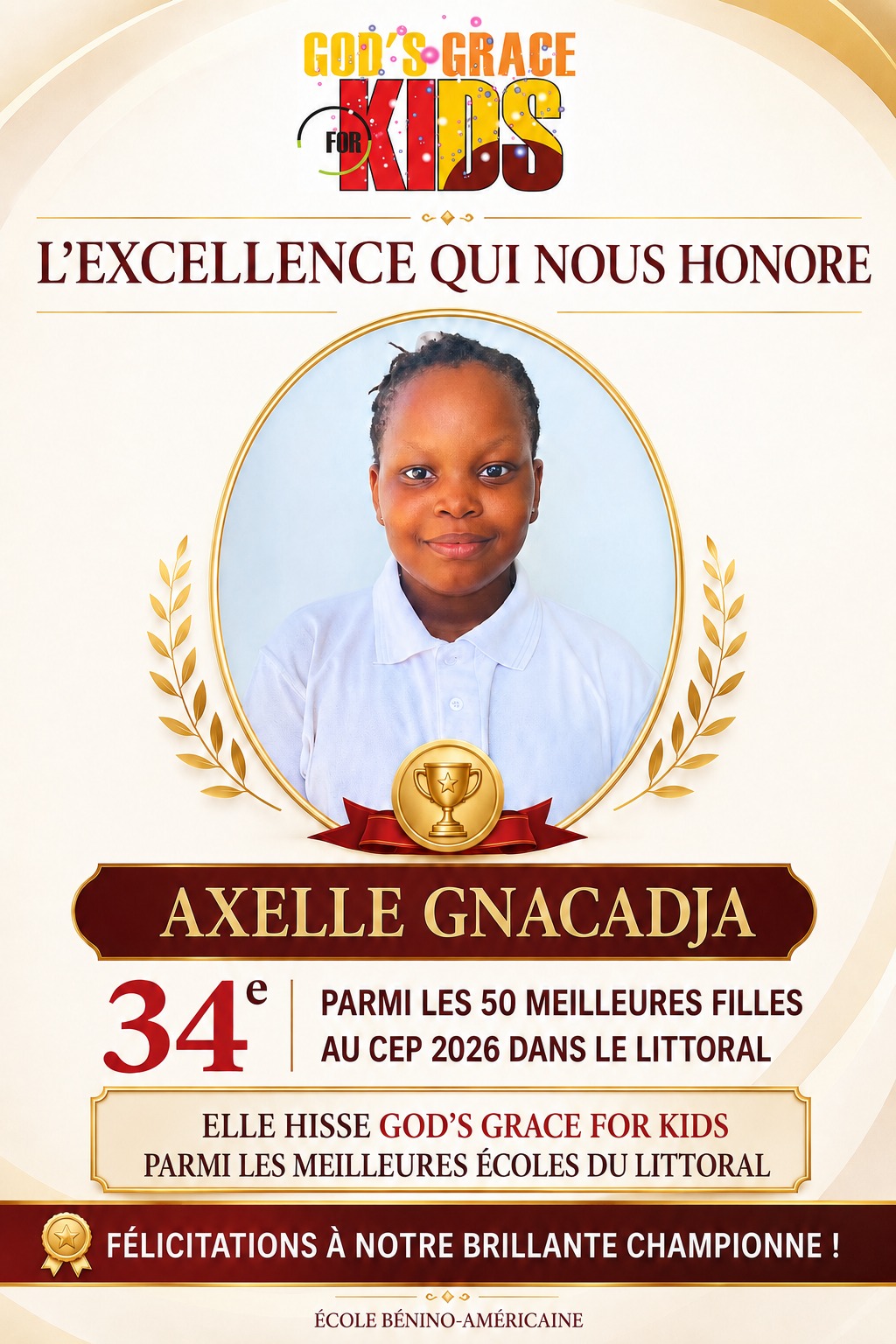 Flyer officiel célébrant GNACADJA Axelle, 34e parmi les 50 meilleures filles au CEP 2026 dans le Littoral