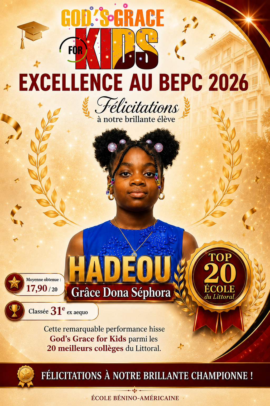 Flyer officiel célébrant HADEOU Grâce Dona Séphora, moyenne de 17,90/20 et 31e ex aequo au BEPC 2026